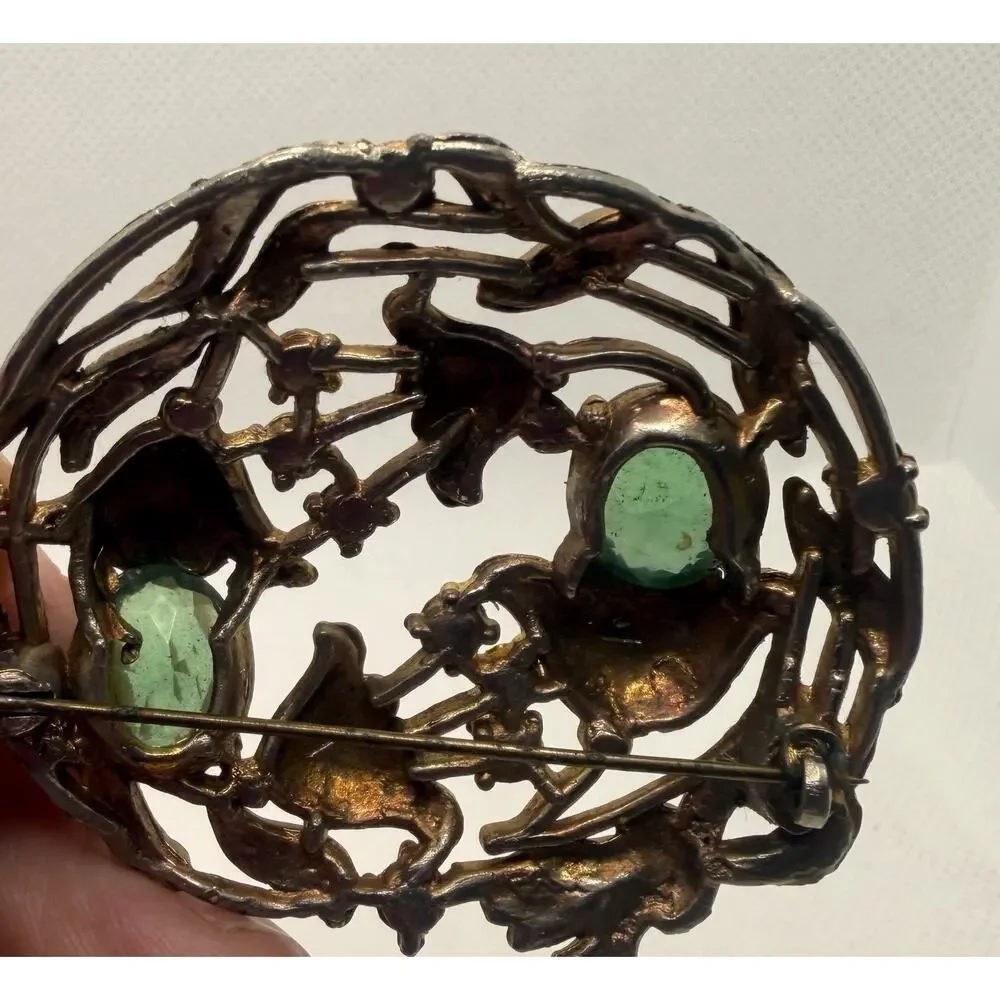 Gorgeous Silver Tone Antique Brooch, Art Nouveau Flowers W/ Green Gemstones
